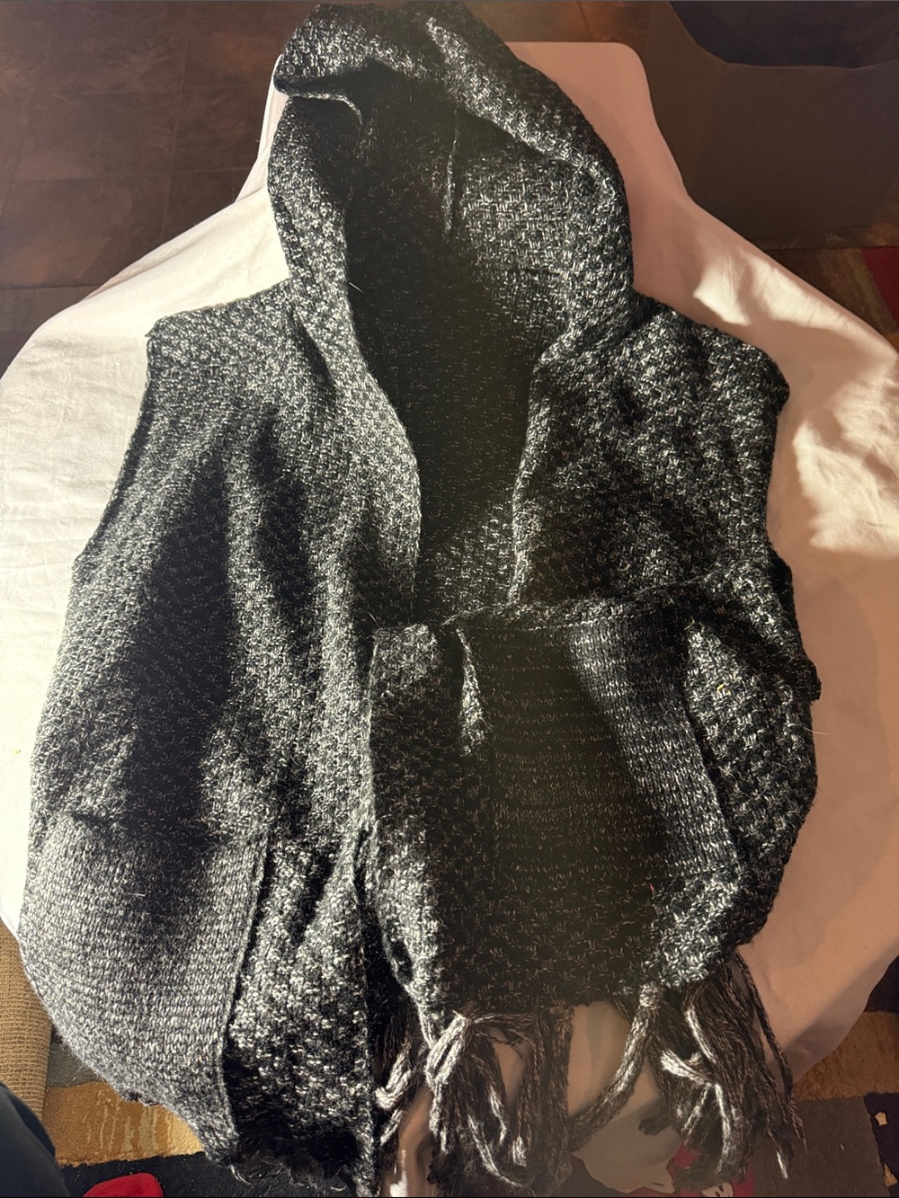 Hooded Chunky Knit Fringe Sleeveless Sweater Wrap - Charcoal Black